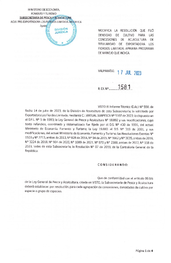 Res. Ex.N° 1581-2023 Modifica Res. Ex. N° 0118-2023 Fija densidad de cultivo las concesiones de acuicultura de titularidad de de Exportadora Los Fiordos Limitada, Aprueba programa de manejo que indica. (Con Informe Técnico) (Publicado en Página Web 19-07-2023)