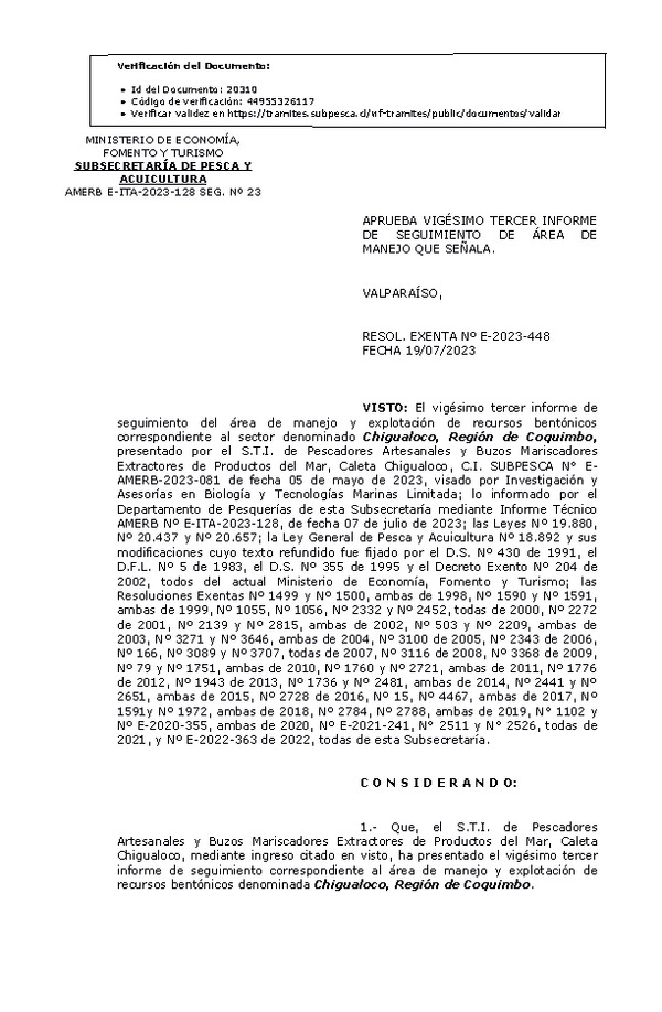 RESOL. EXENTA Nº E-2023-448 Aprueba 23° Seguimiento. (Publicado en Página Web 20-07-2023)