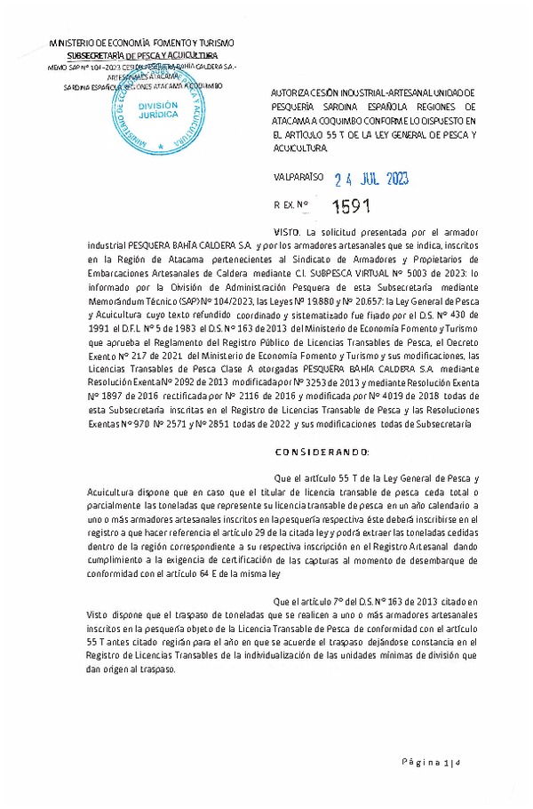  Res. N° 1591/2023  Autoriza Cesion Industrial-Artesanal Unidad de Pesqueria Sardina Española Regiones de Atacama a Coquimbo, (Publicado en Pagina Web 24-07-23).