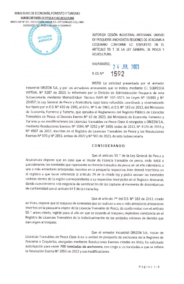  Res. N° 1592/2023  Autoriza Cesion Industrial-Artesanal Unidad de Pesqueria Anchohoveta Regiones de Atacama a Coquimbo, (Publicado en Pagina Web 24-07-23).