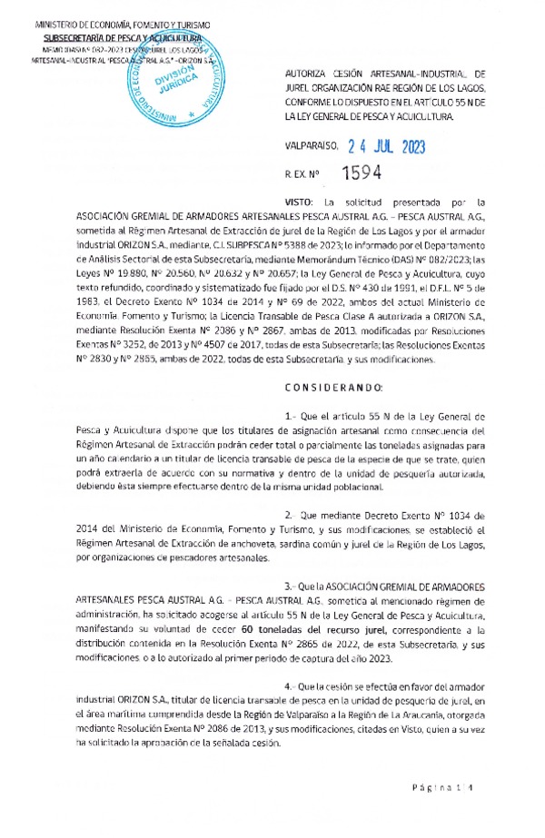  Res. N° 1594/2023  Autoriza Cesion Artesanal- Industrial de Jurel organizacion para RAE region de los Lagos,(Publicado en Pagina Web 24-07-23).