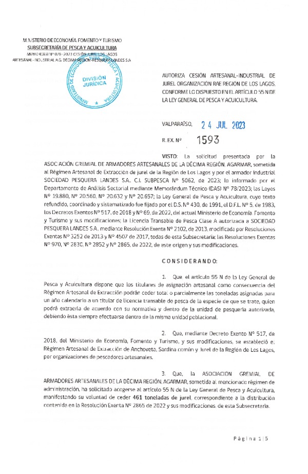  Res. N° 1593/2023  Autoriza Cesion Artesanal- Industrial de Jurel Organizacion RAE, region de los Lagos,(Publicado en Pagina Web 24-07-23).