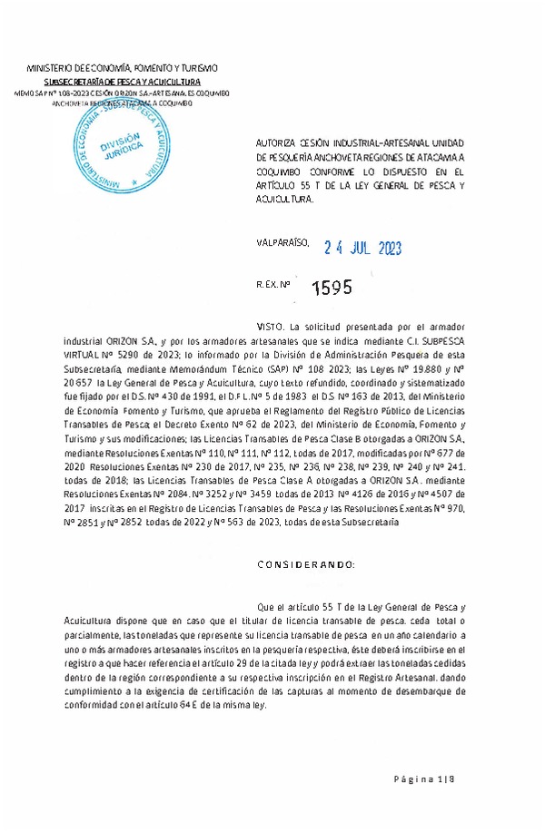 Res. N° 1595/2023  Autoriza Cesion Artesanal- Industrial Unidad de pesqueria Anchoveta regiones de Atacama a Coquimbo(Publicado en Pagina Web 24-07-23).