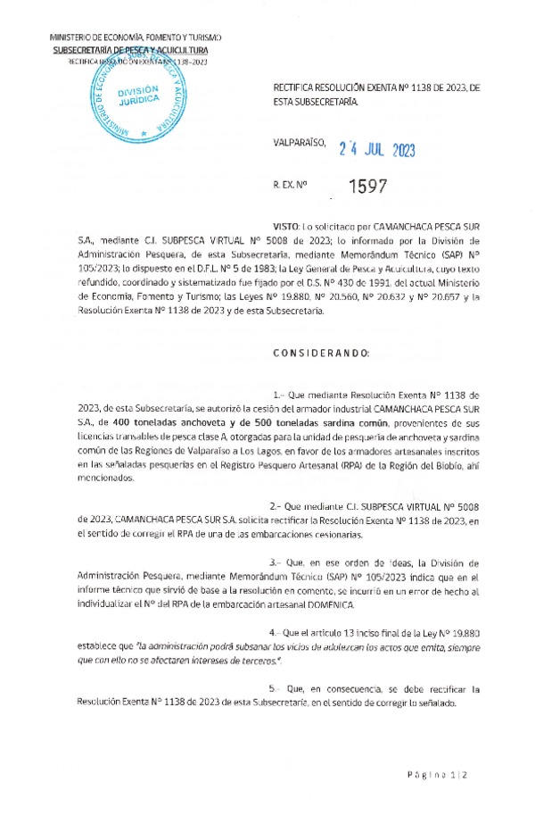 Res. N° 1597/2023 Rectifica Res. Ex. N° 1138 de 2023, de esta Subsebretaria (Publicado en Pagina Web 24-07-23).
