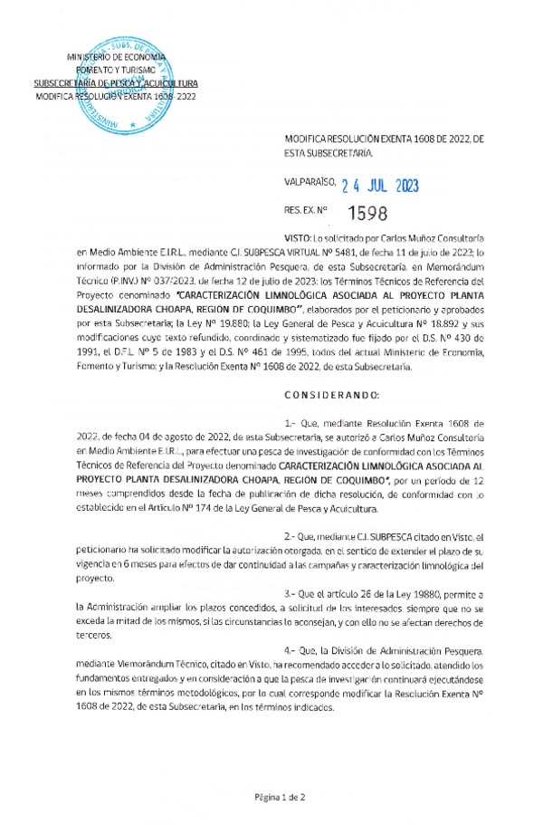 Res. Ex 1598-2023, Modifica Resolución Exenta N° 1608 de 2022, de esta Subsecretaría.