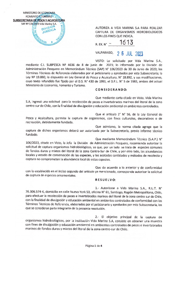  Res. Ex N° 1613-2023 Autoriza a Vida Marina S.A. para realizar captura de organismos Hidrobiológicos con los fines que indica. (Publicado Página Web 26-07-2023.)