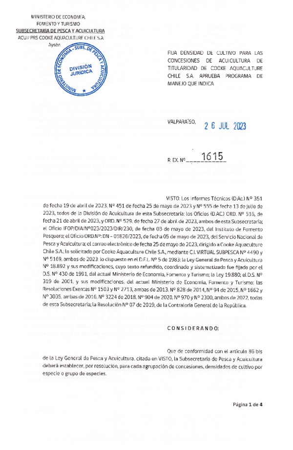 Res. Ex N° 1615-2023, Fija densidad de Cultivo para las concesiones de Acuicultura de titularidad de Cooke Aquaculture Chile S.A., Aprueba programa de manejo que indica. (Publicado pagina Web 26-07-23)