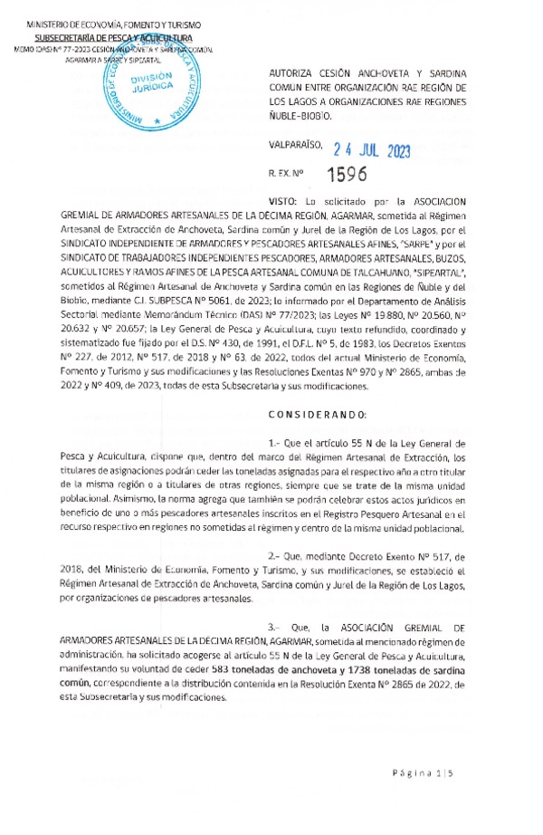 Res. Ex N° 1596-2023, Autoriza cesión Anchoveta y Sardina Común Región de Los Lagos a el Biobío. (Publicado en Página Web 27-07-2023).