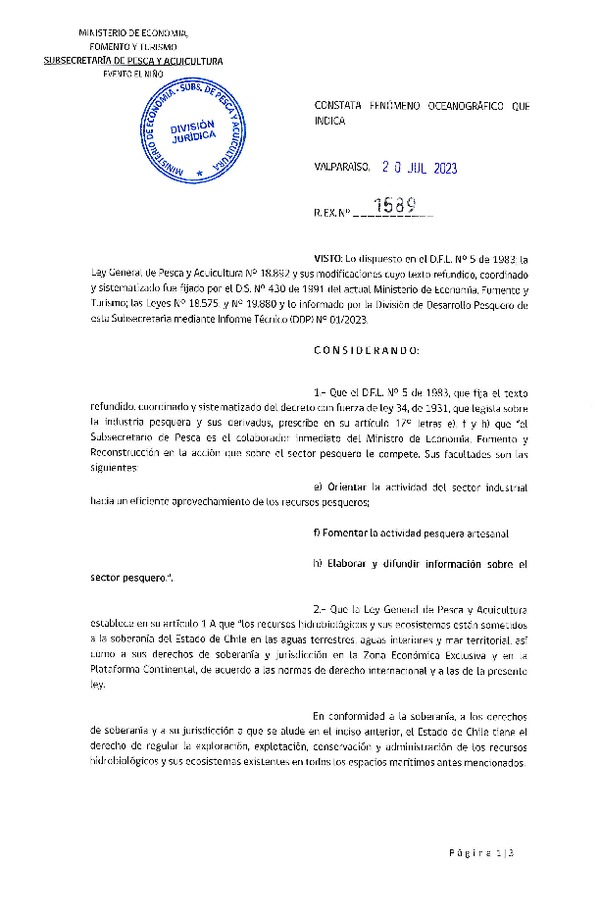 Res. Ex. N° 1589-2023 Constata Fenómeno Oceanográfico que Indica. (Publicado en Página Web 27-07-2023)