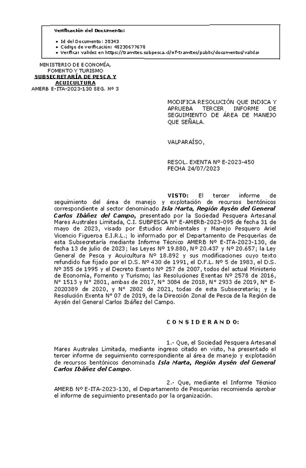 RESOL. EXENTA Nº E-2023-450 Modifica resolución que indica, Aprueba 3° seguimiento. (Publicado en Página Web 27-07-2023)