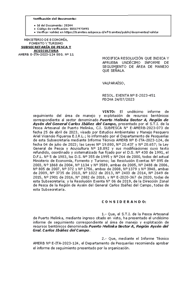 RESOL. EXENTA Nº E-2023-451 Modifica resolución que indica, Aprueba 11° seguimiento. (Publicado en Página Web 27-07-2023)