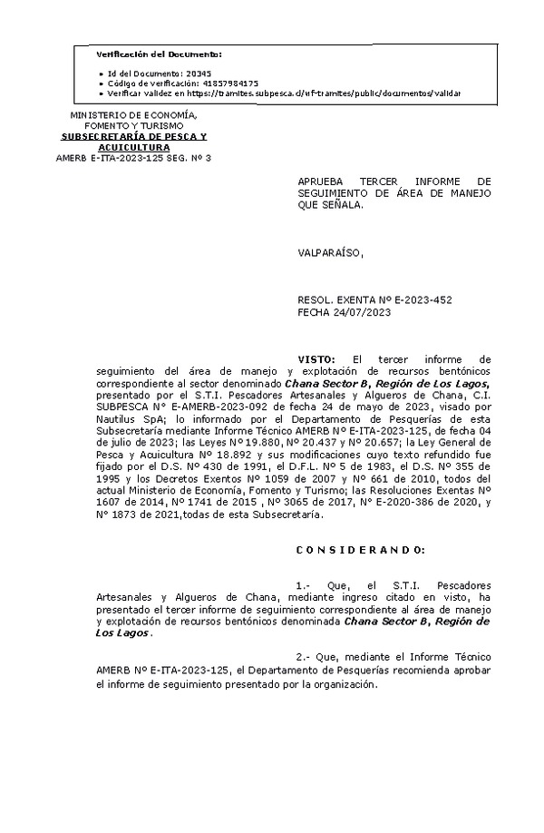 RESOL. EXENTA Nº E-2023-452 Aprueba 3° seguimiento. (Publicado en Página Web 27-07-2023)