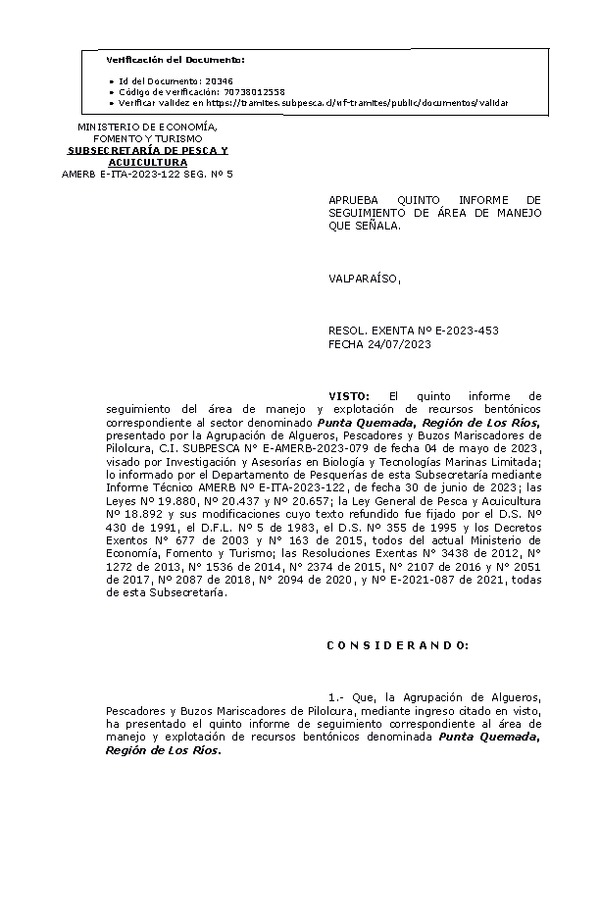 RESOL. EXENTA Nº E-2023-452 Aprueba 3° seguimiento. (Publicado en Página Web 27-07-2023)