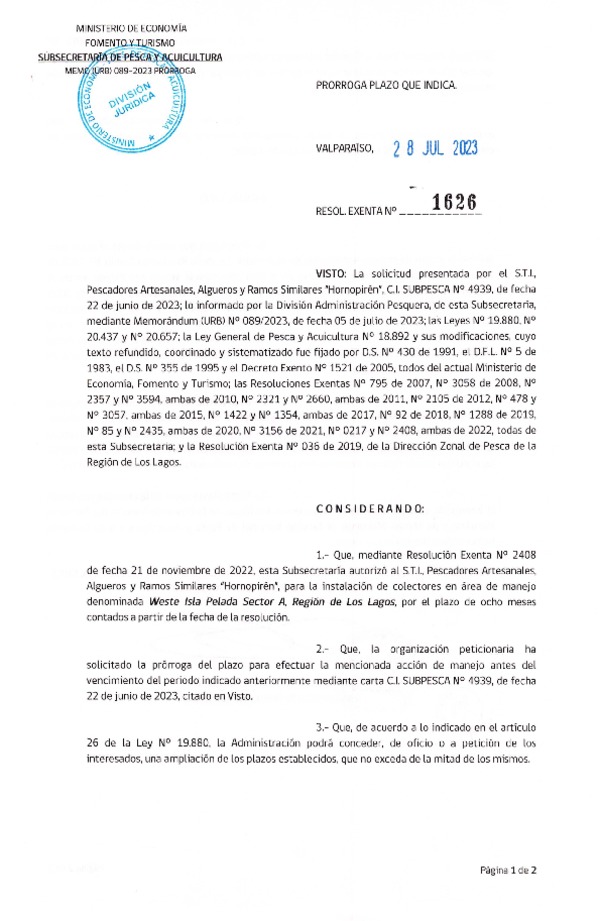 Res. Ex. N° 1626-2023 Prorroga Acción de manejo. (Publicado en Página Web 28-07-2023)