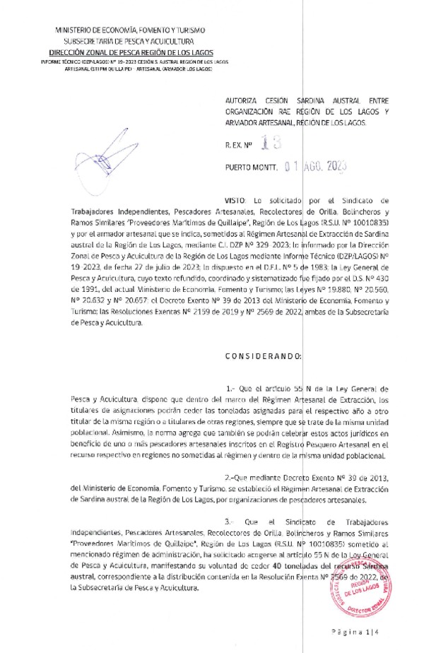Res. Ex. N° 13-2023 (DZP Los Lagos) Autoriza cesión sardina austral Región de Los Lagos. (Publicado en Página Web 01-08-2023)