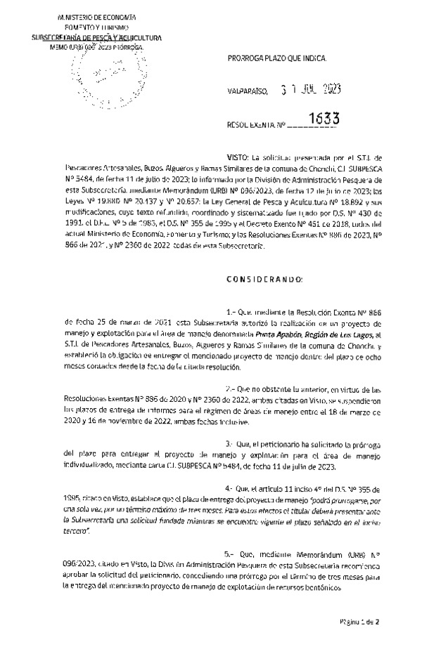 Res. Ex. N° 1633-2023 Prorroga Plan de Manejo. (Publicado en Página Web 02-08-2023)