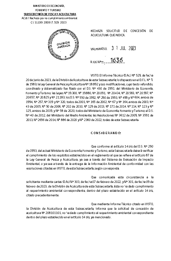 Res. Ex. N° 1636-2023 Rechaza solicitud de concesión de acuicultura que indica.