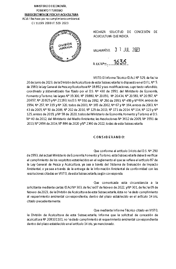 Res. Ex. N° 1636-2023 Rechaza solicitud de concesión de acuicultura que indica.