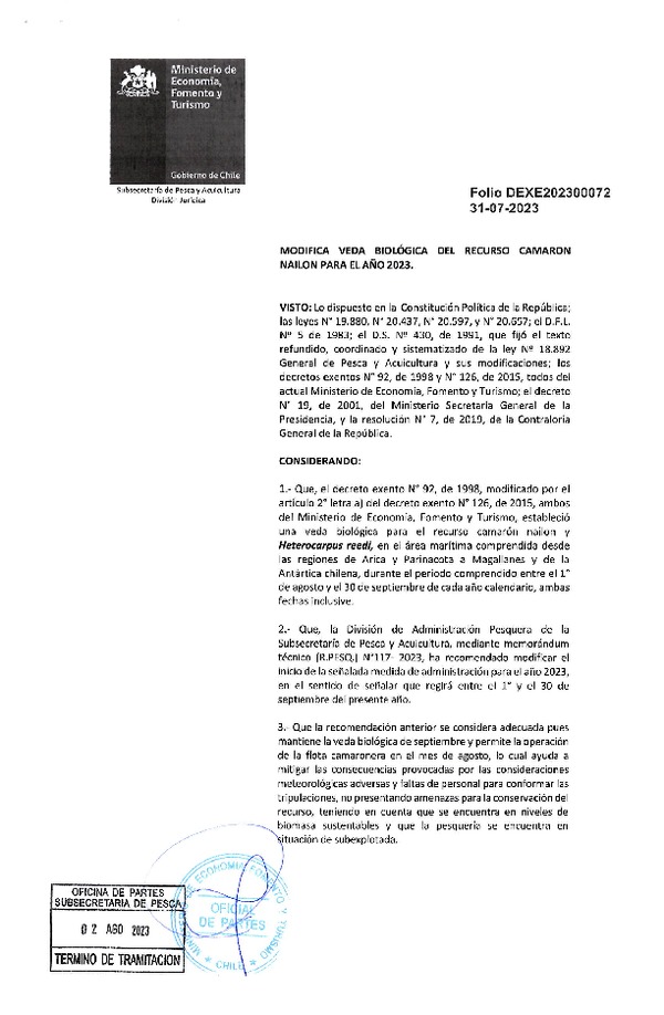 Dec. Ex. Folio 202300072 Modifica Dec. Ex. N° 92-1998 Veda Biológica Recurso Camarón Nailon, Regiones de Arica y Parinacota a Magallanes y La Antártica Chilena Para el Año 2023. (Publicado en Página Web 03-08-2023) (F.D.O. 08-08-2023)