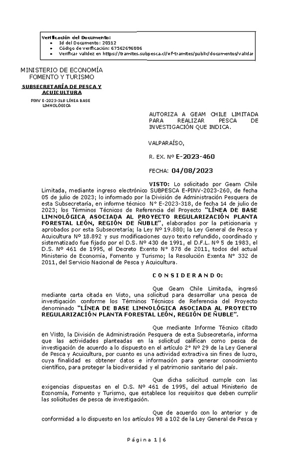 R. EX. Nº E-2023-460 AUTORIZA A GEAM CHILE LIMITADA PARA REALIZAR PESCA DE INVESTIGACIÓN QUE INDICA. (Publicado en Página Web 07-08-2023)