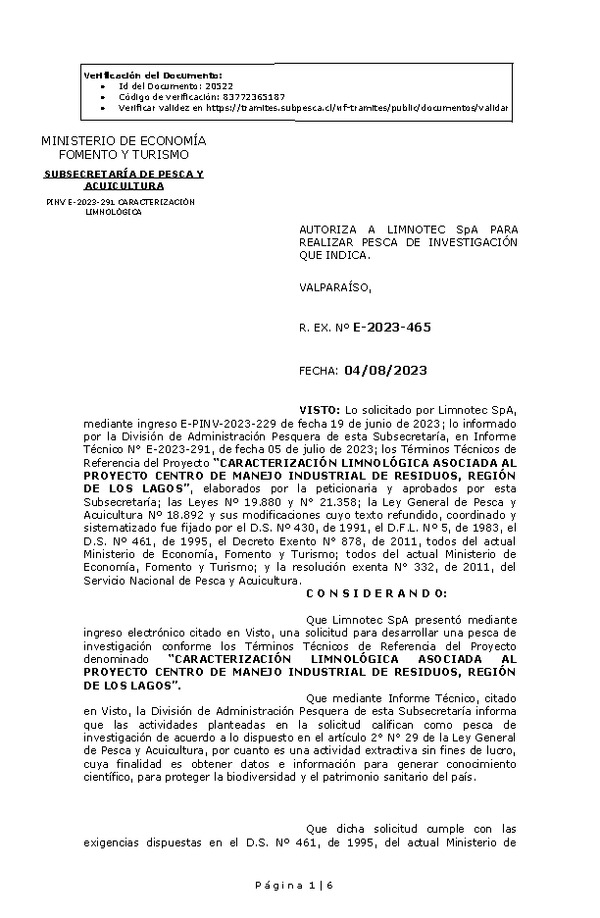 R. EX. Nº E-2023-465 AUTORIZA A LIMNOTEC SpA PARA REALIZAR PESCA DE INVESTIGACIÓN QUE INDICA. (Publicado en Página Web 07-08-2023)