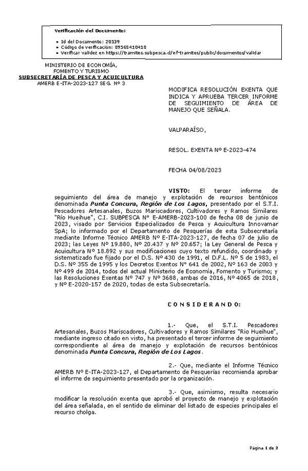 RESOL. EXENTA Nº E-2023-474 Modifica resolución que indica, Aprueba 3° Seguimiento. (Publicado en Página Web 07-08-2023)