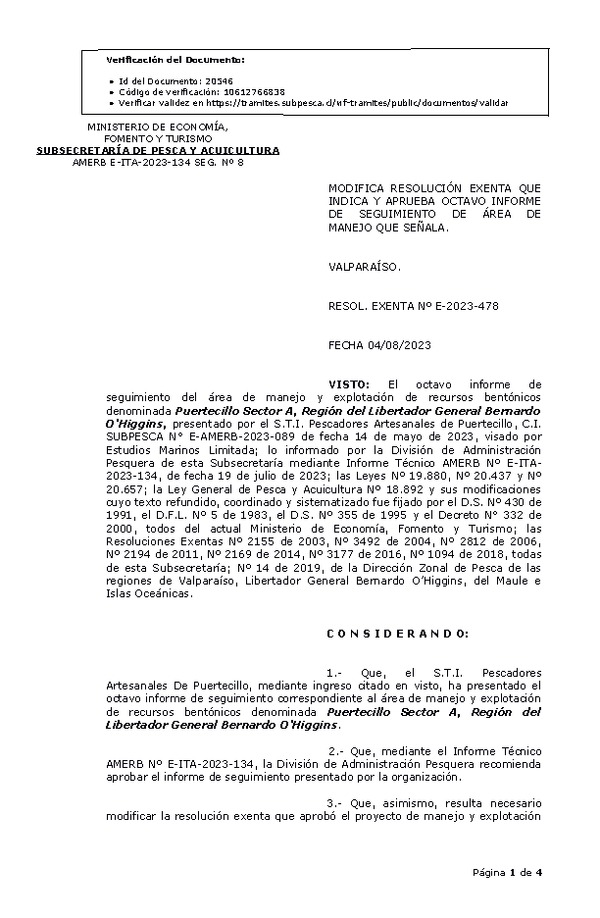 RESOL. EXENTA Nº E-2023-478 Modifica resolución que indica, Aprueba 8° seguimiento. (Publicado en Página Web 07-08-2023)