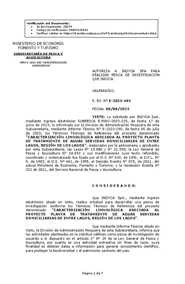 R. EX. Nº E-2023-483 AUTORIZA A INDYCA SPA PARA REALIZAR PESCA DE INVESTIGACIÓN QUE INDICA. (Publicado en Página Web 08-08-2023)