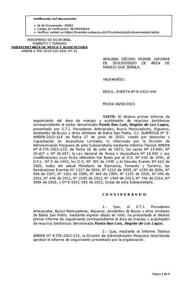 RESOL. EXENTA Nº E-2023-490 Aprueba 11° seguimiento. (Publicado en Página Web 09-08-2023)