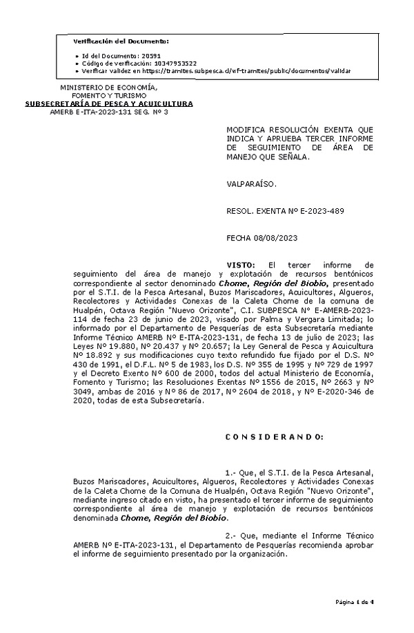 RESOL. EXENTA Nº E-2023-489 Modifica resolución que indica, Aprueba 3° seguimiento. (Publicado en Página Web 09-08-2023)