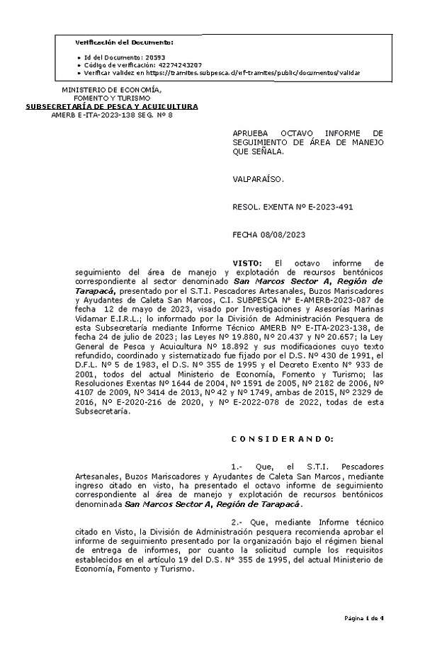 RESOL. EXENTA Nº E-2023-491 Aprueba 8° seguimiento. (Publicado en Página Web 09-08-2023)