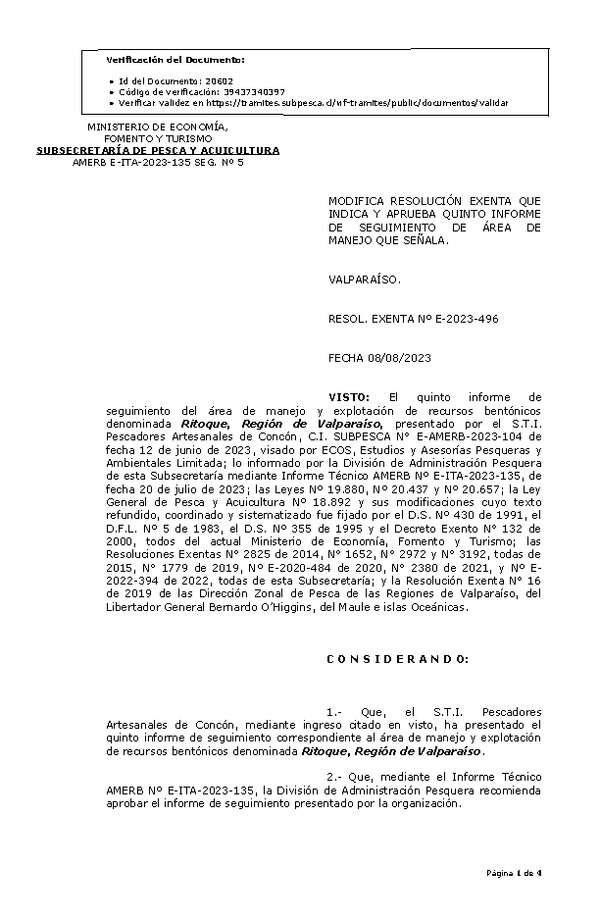 RESOL. EXENTA Nº E-2023-496 Modifica resolución que indica, Aprueba 5° seguimiento. (Publicado en Página Web 09-08-2023)