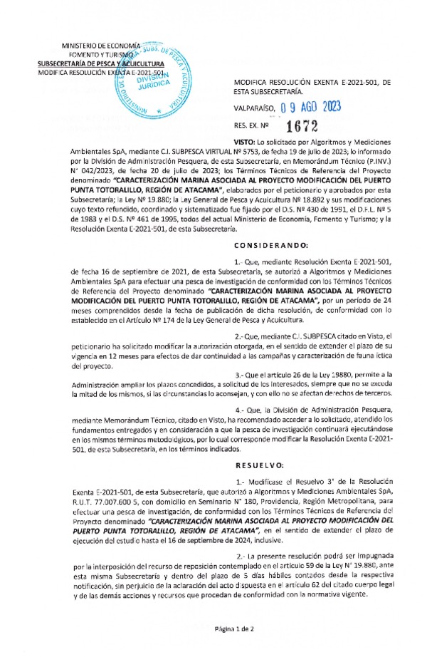 Res. Ex. N° 1672-2023 Modifica Res. Ex. E-2021-501. (Publicado en Página Web 09-08-2023)