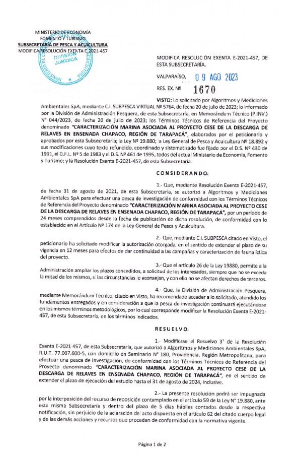 Res. Ex. N° 1670-2023 Modifica Res. Ex. E-2021-457. (Publicado en Página Web 11-08-2023)