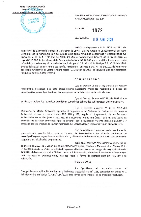 Res. Ex. N° 1678-2023 Aprueba Instructivo Sobre Otorgamiento y Aplicación del PAS-119. (Publicado en Página Web 11-08-2023)