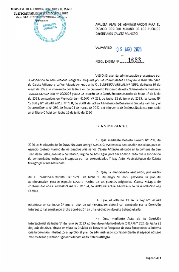 Res. Ex. N° 1683-2023 Aprueba Plan de Administración para el ECMPO Caleta Milagro. (Publicado en Página Web 11-08-2023)