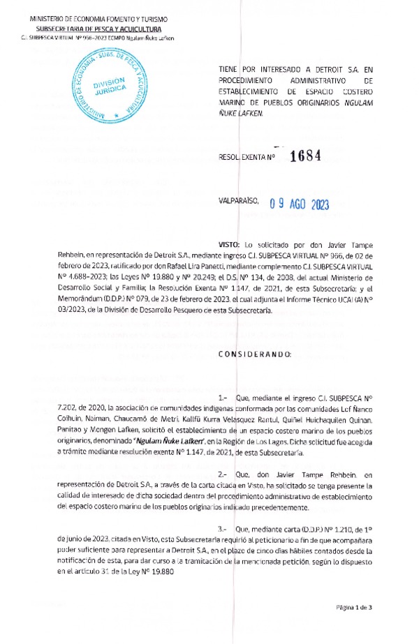 Res. Ex. N° 1684-2023 Tiene por interesado a Detroit S.A. en procedimiento administrativo de establecimiento de ECMPO Ngulam Ñuke Lafken. (Publicado en Página Web 11-08-2023)