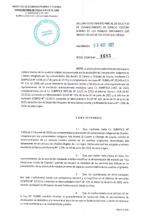 Res. Ex. N° 1685-2023 Declara desistimiento parcial de solicitud de establecimiento de ECMPO que indica y Resuelve solicitud que señala. (Publicado en Página Web 11-08-2023)