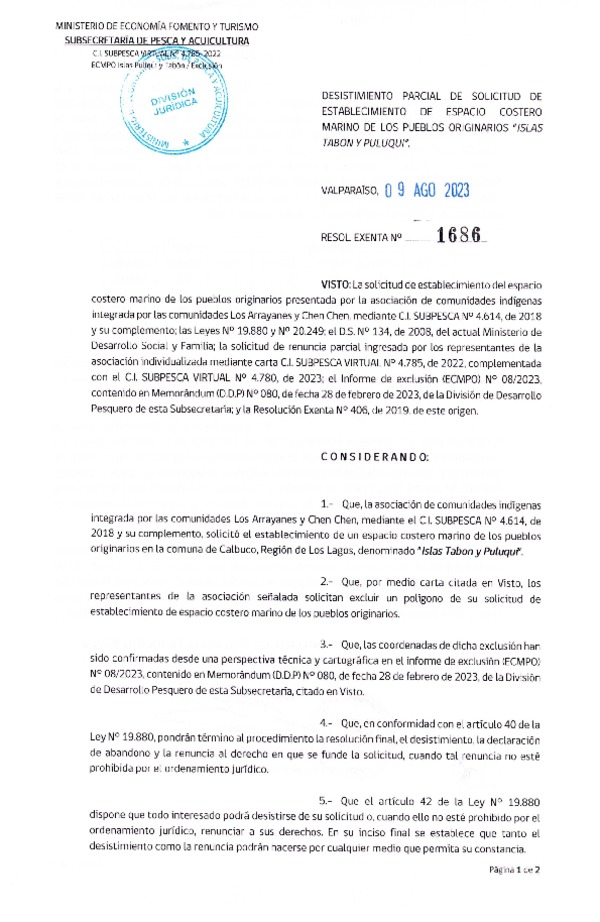 Res. Ex. N° 1686-2023 Desistimiento parcial de solicitud de establecimiento de ECMPO Islas Tabon y Puluqui. (Publicado en Página Web 11-08-2023)