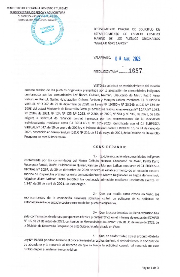Res. Ex. N° 1687-2023 Desistimiento parcial de solicitud de establecimiento de ECMPO Ngulam Ñuke Lafken. (Publicado en Página Web 11-08-2023)