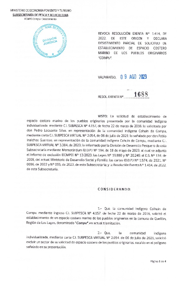 Res. Ex. N° 1688-2023 Revoca Ree. Ex. N° 1414-2022, de este origen y Declara Desistimiento parcial de solicitud de establecimiento de ECMPO Compu. (Publicado en Página Web 11-08-2023)