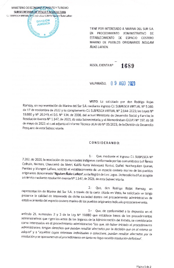 Res. Ex. N° 1689-2023 Tiene por interesado a Marina del Sur S.A. en Procedimiento Administrativo de establecimiento de ECMPO Ngulam Ñuke Lafken. (Publicado en Página Web 11-08-2023)