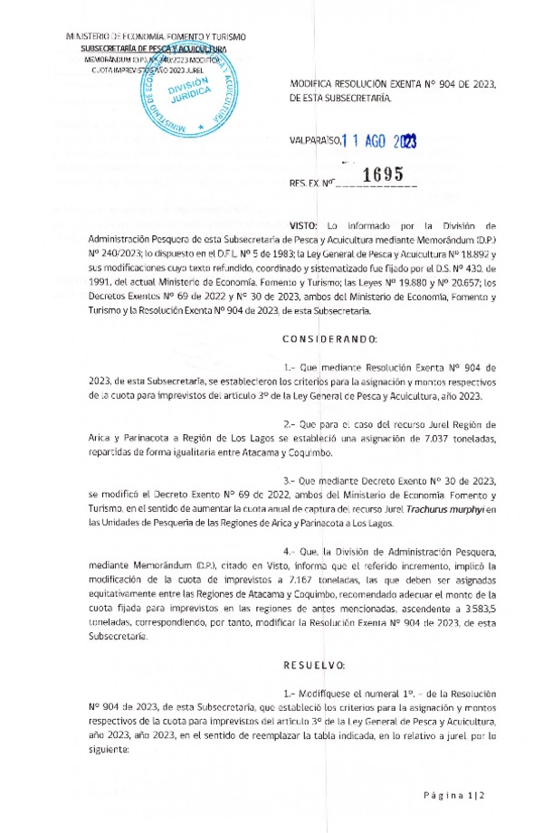 Res. Ex. N° 1695-2023 Modifica Res. Ex. N° 0904-2023 Establece Criterios para la Asignación de la Cuota para Imprevistos del Artículo 3° de la Ley General de Pesca y Acuicultura Año 2023. (Publicado en Página Web 11-08-2023)