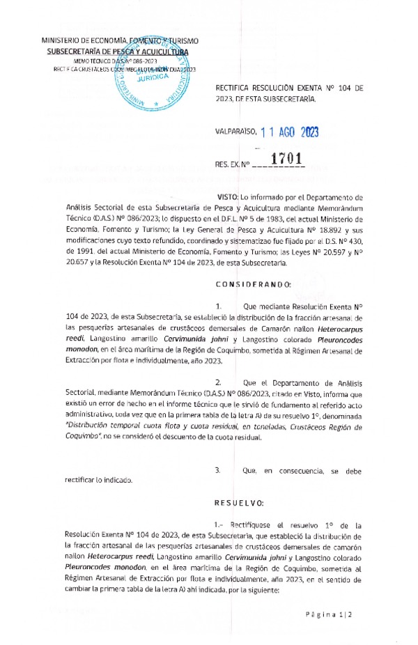 Res. Ex. N° 1701-2023 Rectifica Res. Ex. N° 0104-2023 Distribución de la Fracción Artesanal de Pesquerías Crustáceos Demersales, Región de Coquimbo, por Flota e Individualmente, Año 2023. (Publicado en Página Web 14-08-2023)