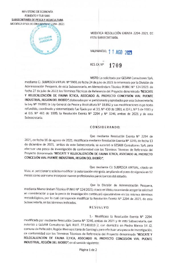 Res. Ex. N° 1709-2023 Modifica Ex. N° 2294-2021 Rescate y Relocalización de Fauna Íctitca, Región del Ñuble. (Publicado en Página Web 14-08-2023).