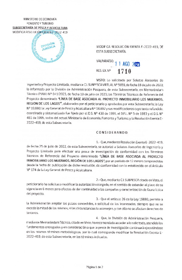 Res. Ex. N° 1710-2023 Modifica R. EX. Nº E-2022-419 LÍNEA DE BASE ASOCIADA AL PROYECTO INMOBILIARIO LOS MUERMOS, REGIÓN DE LOS LAGOS. (Publicado en Página Web 14-08-2023)