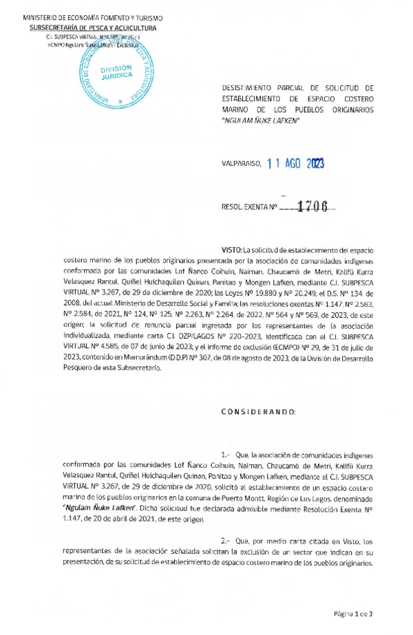 Res. Ex. N° 1706-2023 Desistimiento parcial de solicitud de establecimiento de ECMPO Ngulam Ñuke Lafken. (Publicado en Página Web 14-08-2023)