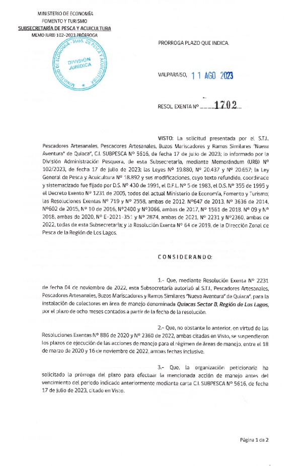 Res. Ex. N° 1702-2023 Prorroga Acción de manejo. (Publicado en Página Web 14-08-2023)