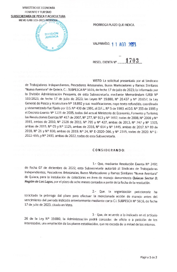 Res. Ex. N° 1703-2023 Prorroga Acción de manejo. (Publicado en Página Web 14-08-2023)