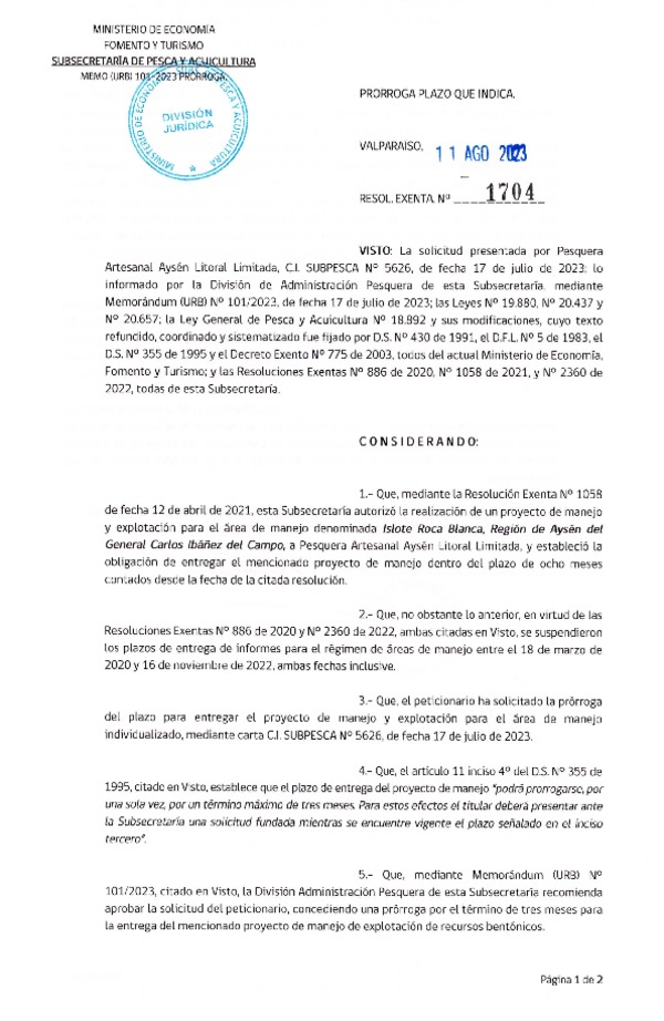 Res. Ex. N° 1704-2023 Prorroga Plan e manejo. (Publicado en Página Web 14-08-2023)